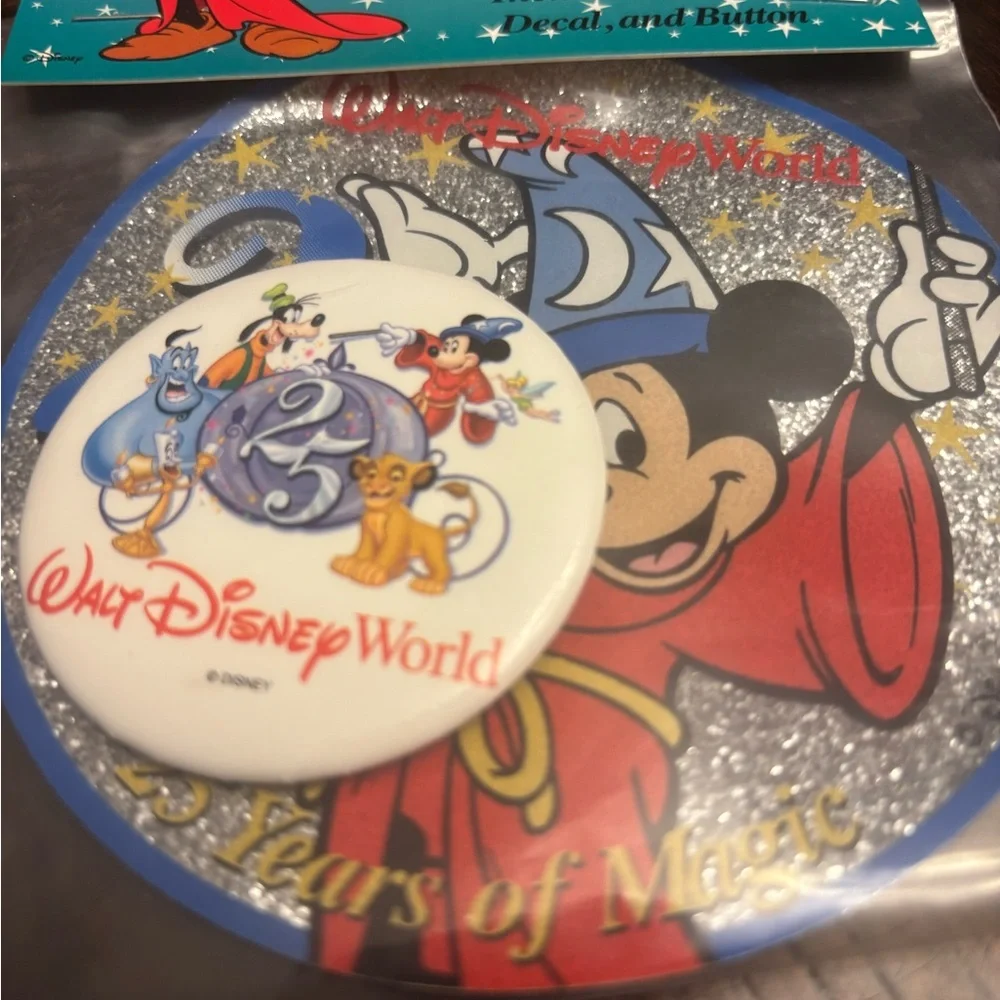 Vintage Walt Disney World 25 years of Magic Souvenir Pack - Decal and Button NEW